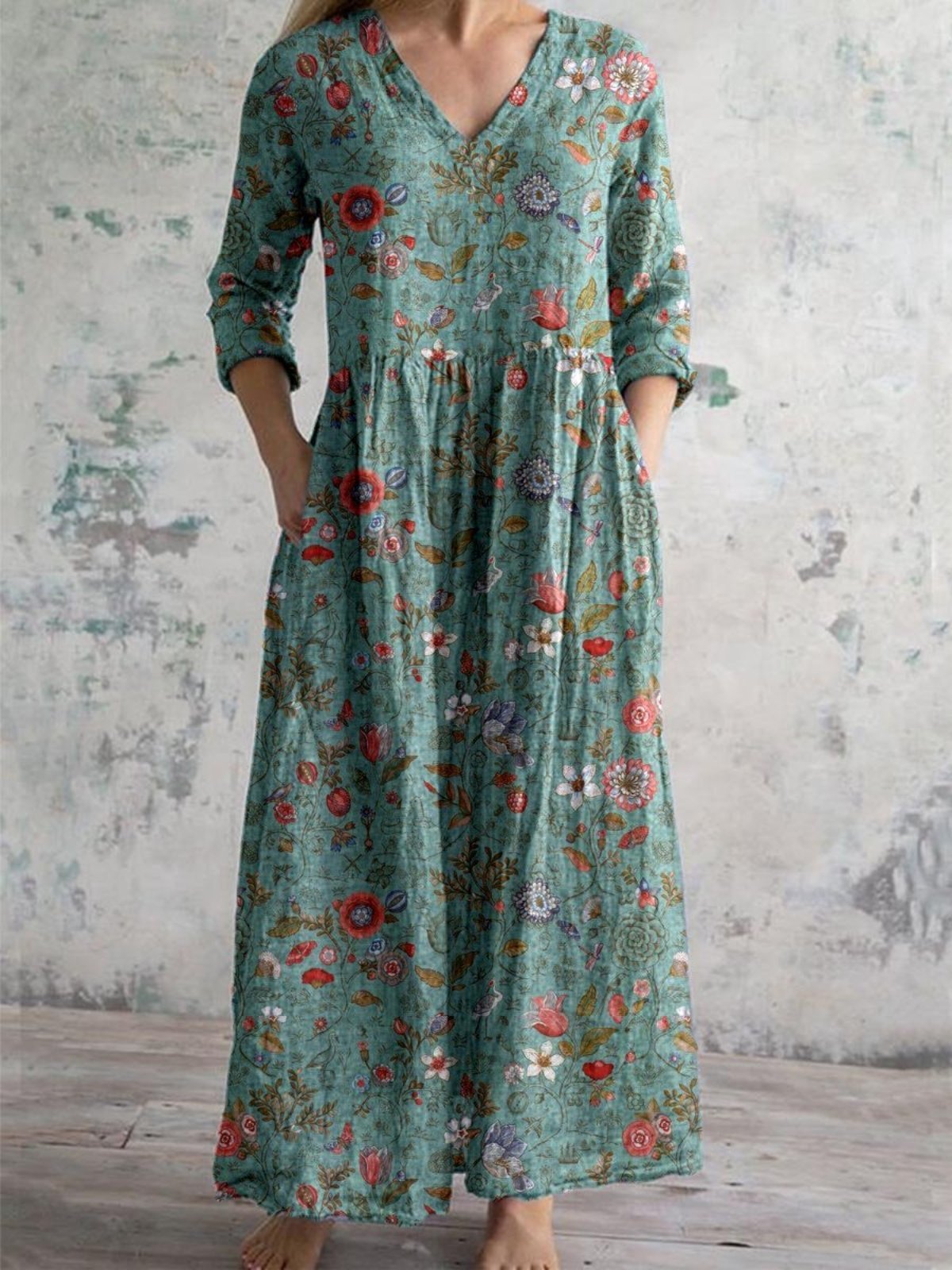 V-Neck 3/4 Sleeve Pocket Gathered Waist Floral Maxi Dress