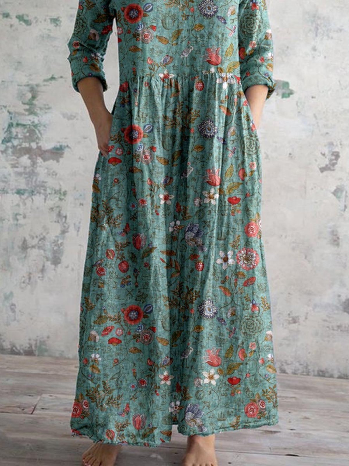 Maxi Floral Print V-Neck 3/4 Sleeve Pocket Summer Dress - View 3