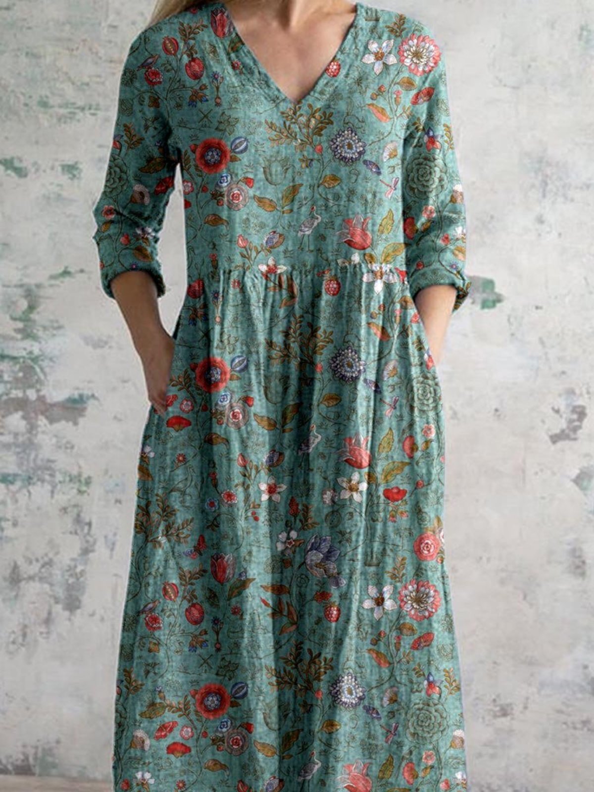Maxi Floral Print V-Neck 3/4 Sleeve Pocket Summer Dress - View 2