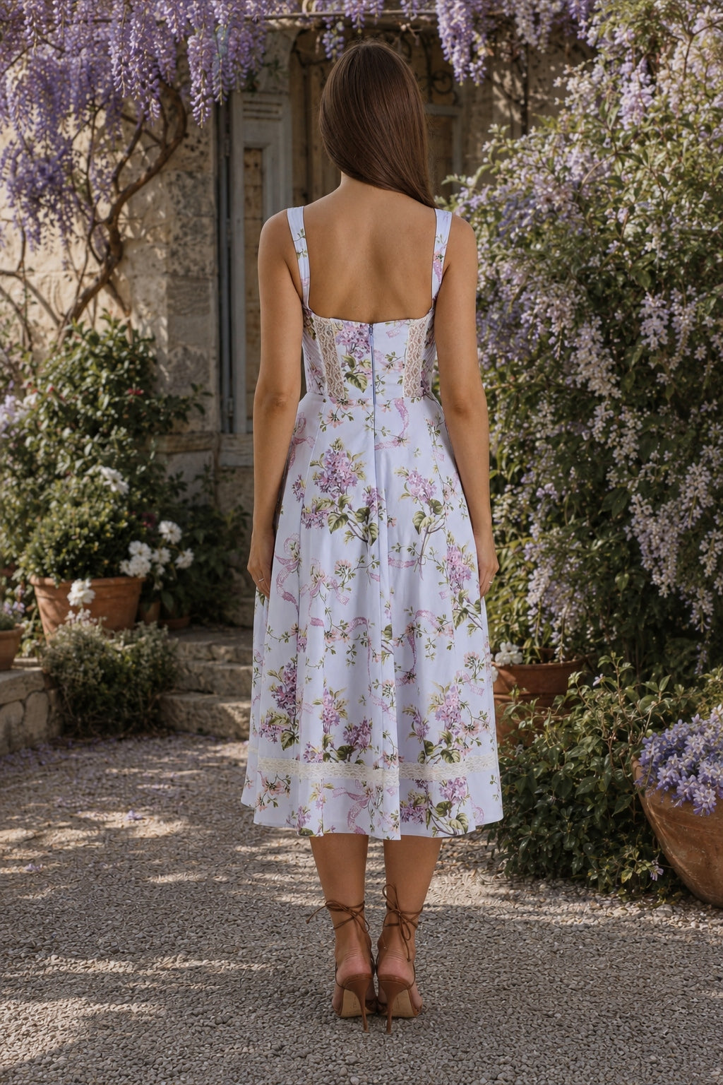 Square Neck Lace Trim Corset Fit and Flare Midi Dress 6