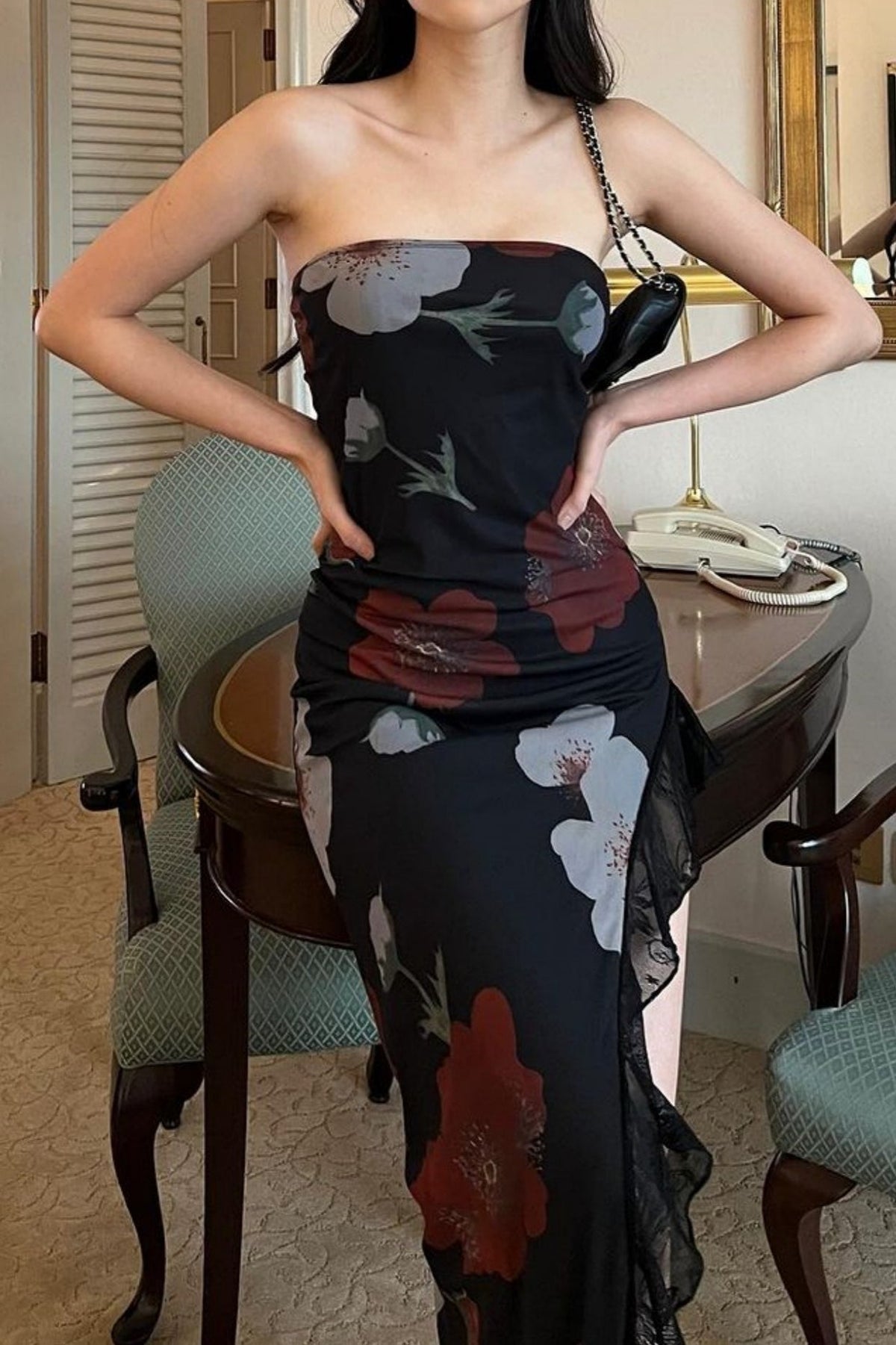 Off Shoulder Mesh Strapless Slit Slim Floral Dress - View 2