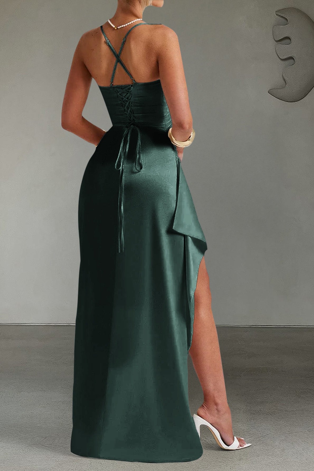 Satin Spaghetti Strap Cowl Neck Ruched High Split Drape Maxi Gown - View 8