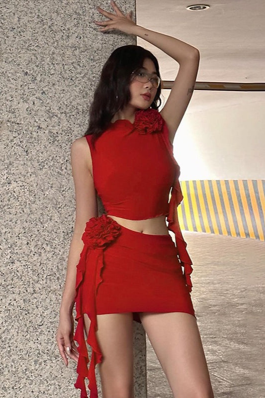 Floral Slim Bodycon Skirt Two Piece Set