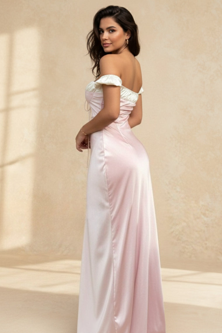 Pink Satin Ruched Charming Contrast Sleeve Dress - View 4