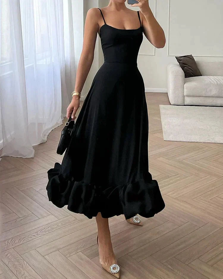 Spaghetti Strap Scoop Neck Puff Ruffle Hem A-Line Maxi Gown - View 4