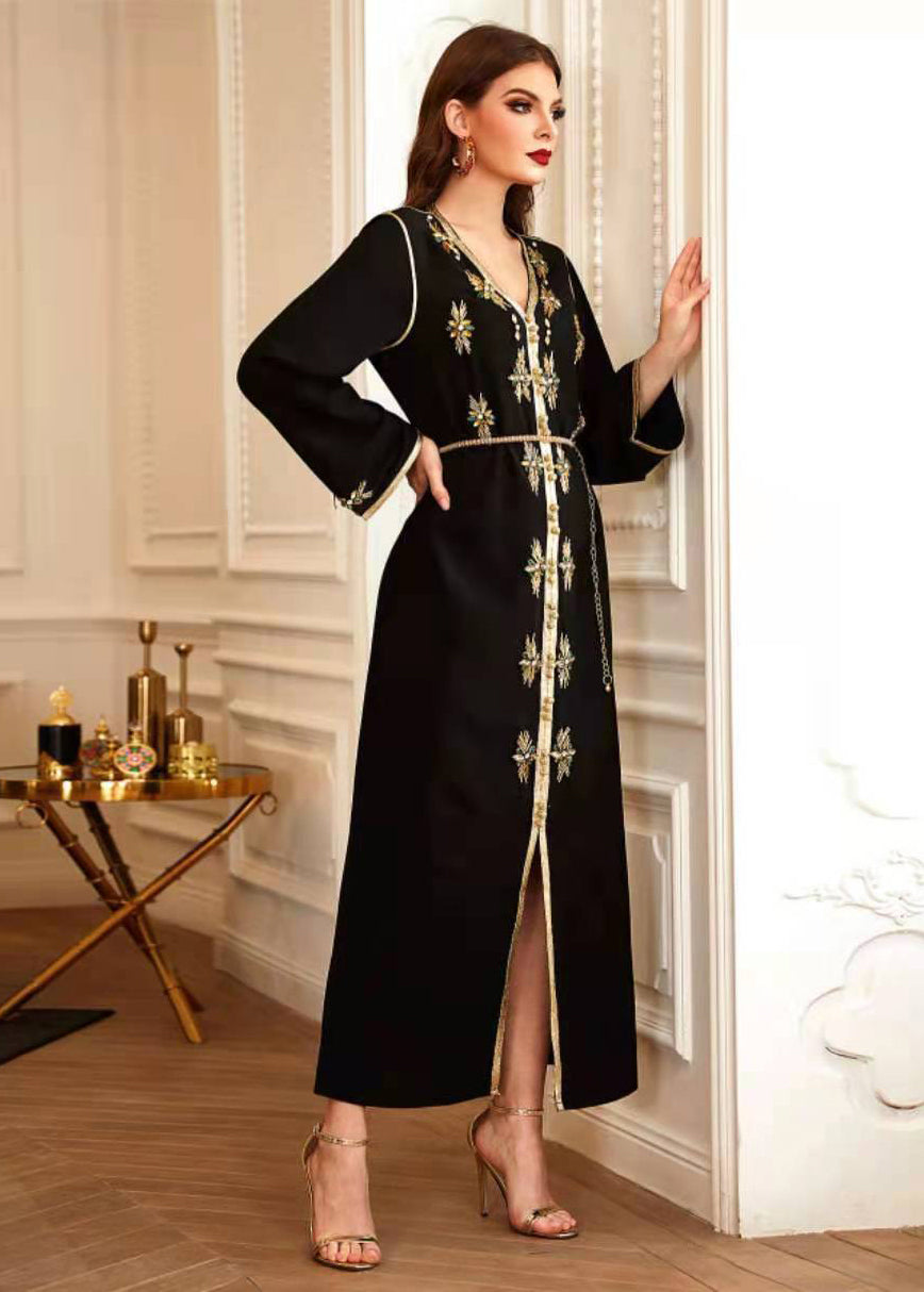 Metallic Embroidered Trim V-Neck Chain Belt Long Sleeve Maxi Gown - View 2