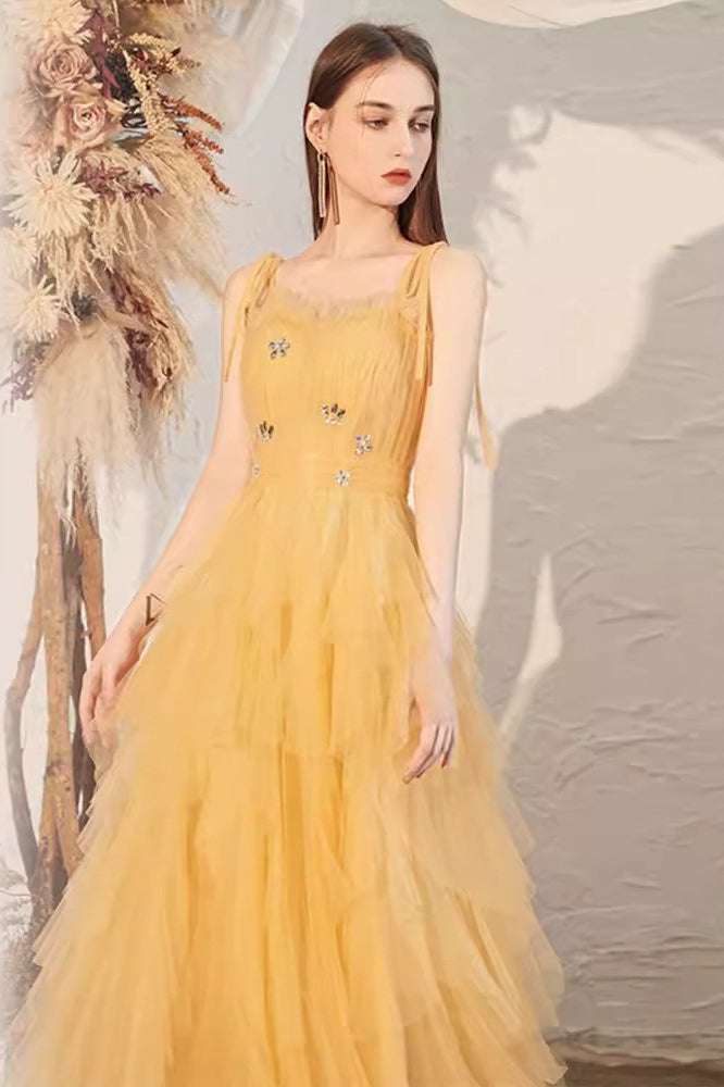 Tulle Spaghetti Strap Square Neck Tiered Ruffle Maxi Prom Dress - View 6