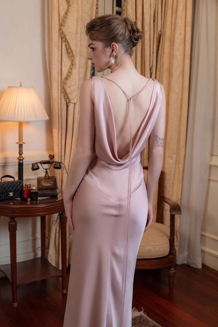 Satin Cowl Neck Sleeveless Sheath Maxi Gown - View 6
