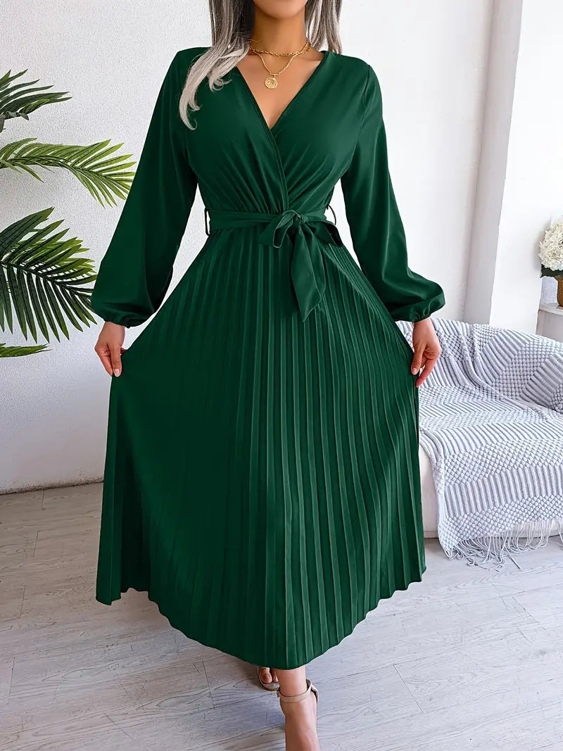Wrap V-Neck Long Sleeve Pleated Tie Waist Maxi Dress - View 4