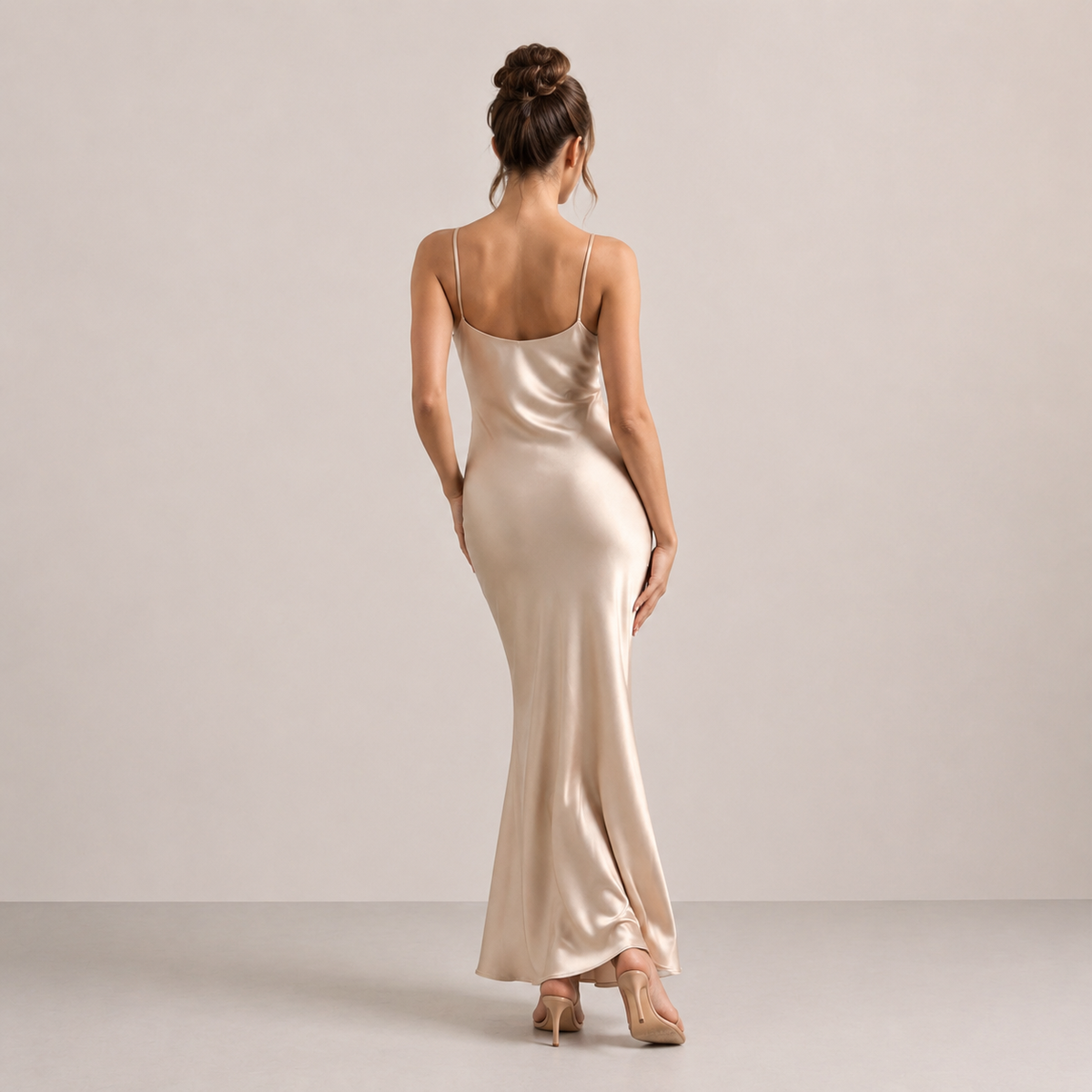 Satin V-Neck Spaghetti Strap Bias Cut Slip Maxi Dress 11