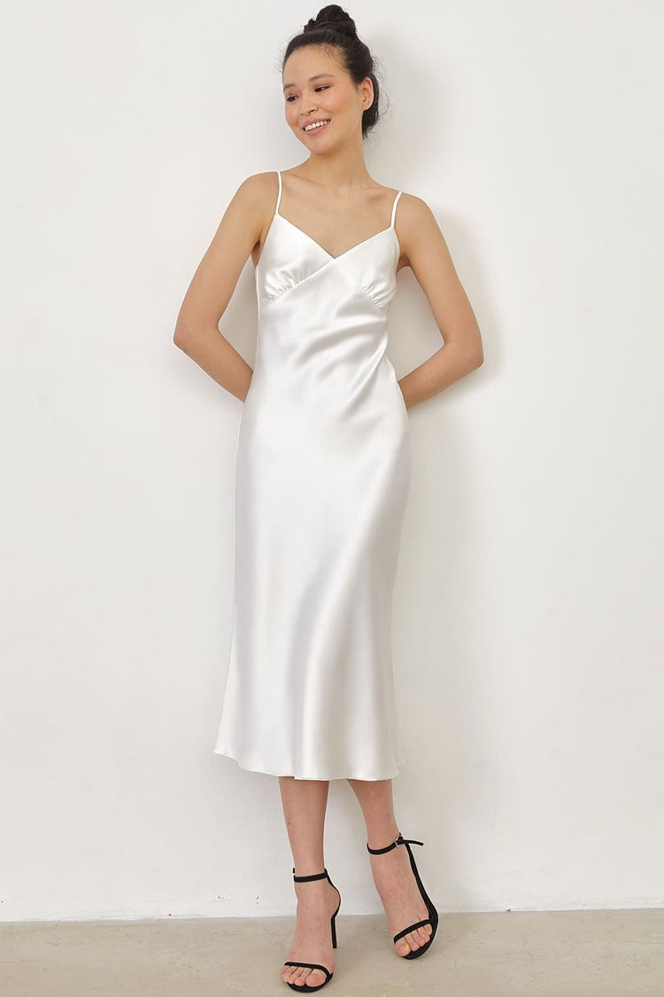 Spaghetti Strap V-Neck Satin Slip Midi Dress in Beige - View 2