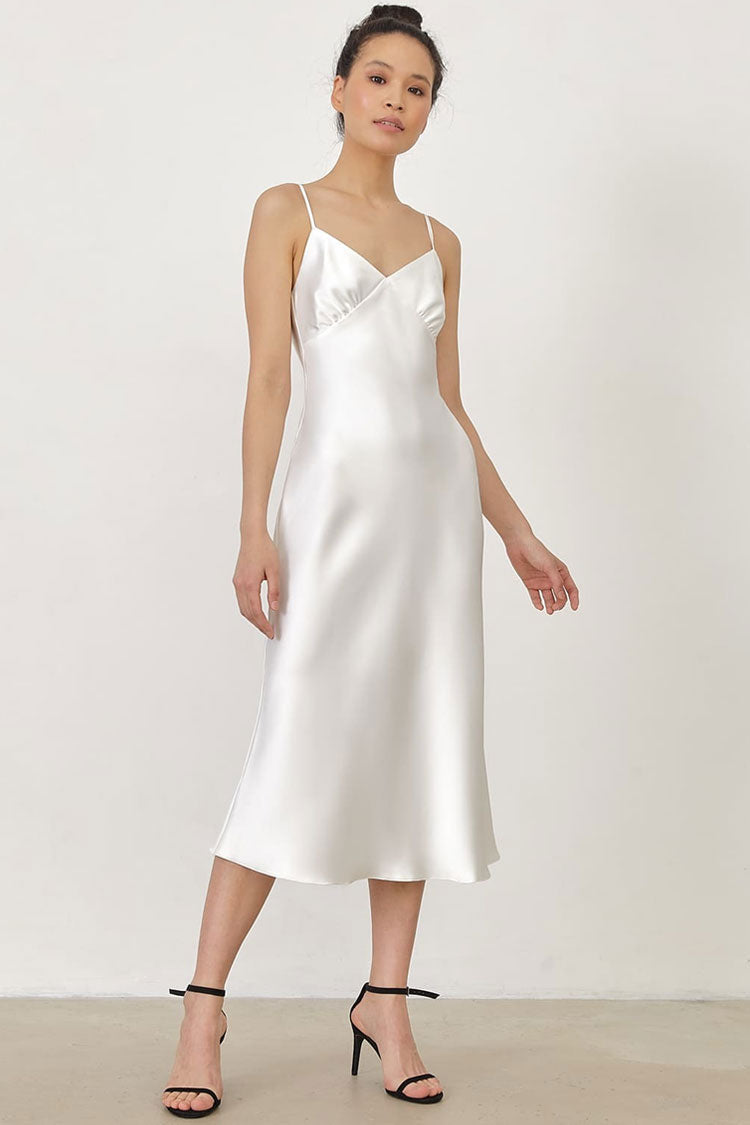 Spaghetti Strap V-Neck Satin Slip Midi Dress in Beige