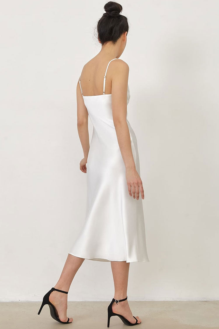 Spaghetti Strap V-Neck Satin Slip Midi Dress in Beige - View 4