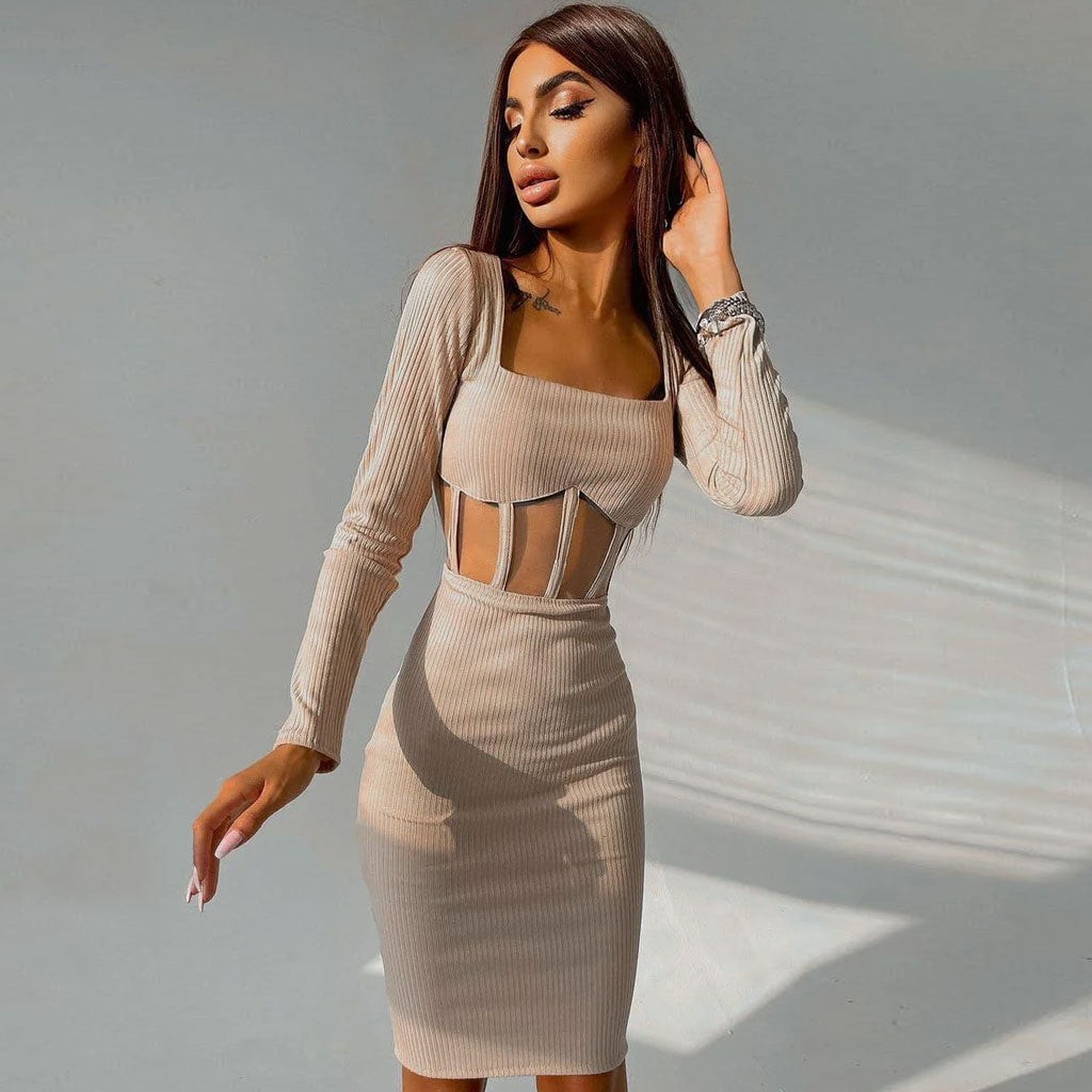 Square Neck Long Sleeve Mesh Panel Midi Dress - Beige - View 3