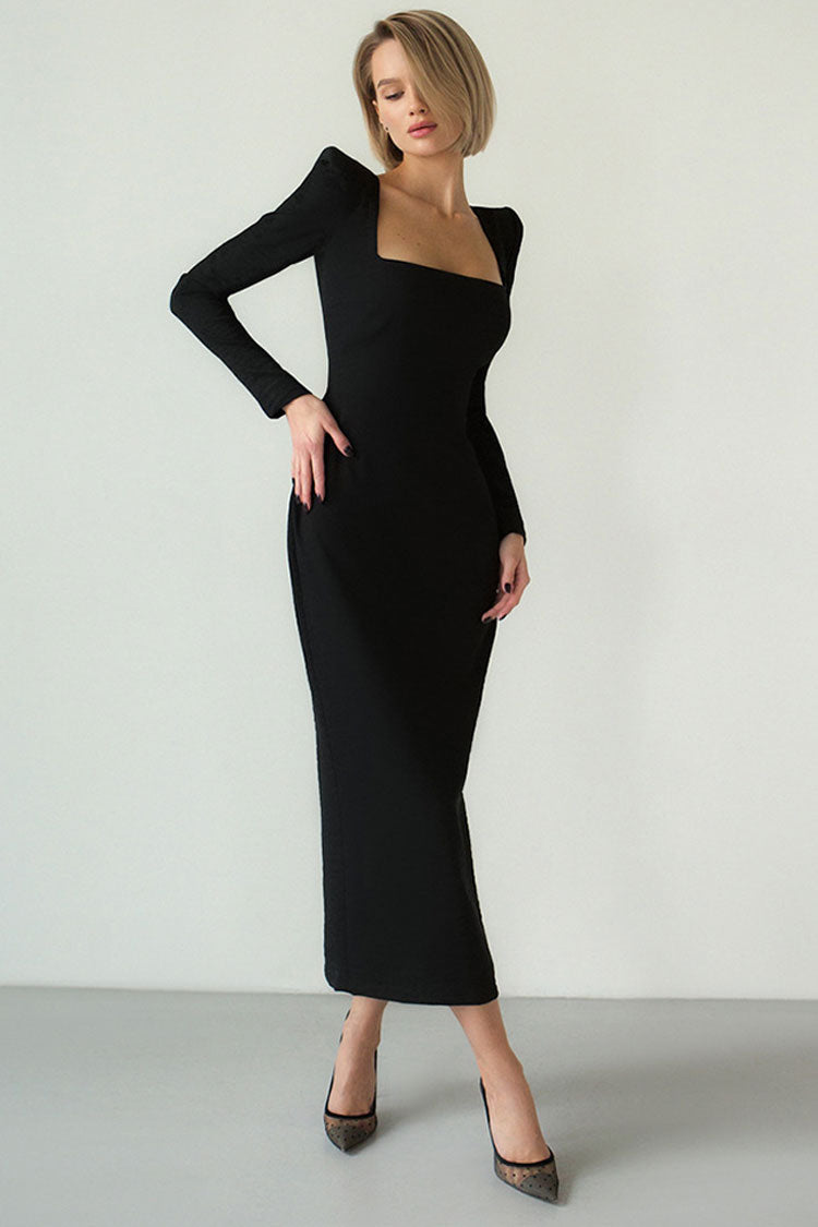 Square Neck Long Sleeve Bodycon Maxi Dress Party