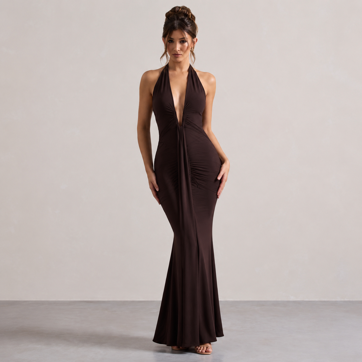 Plunge Halter Neck Ruched Draped Mermaid Maxi Gown 21