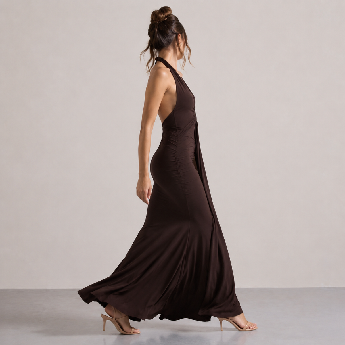 Plunge Halter Neck Ruched Draped Mermaid Maxi Gown 24