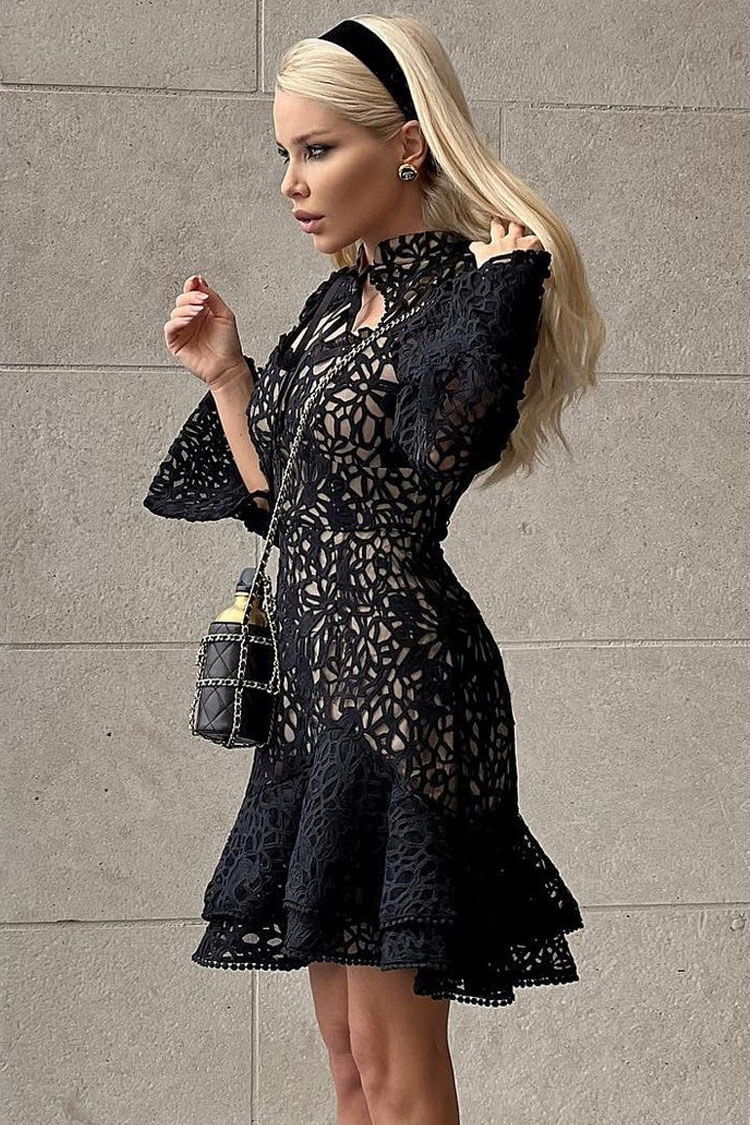 Classy Mandarin Collar Puff Sleeve Crochet Mini Dress - Black - View 3