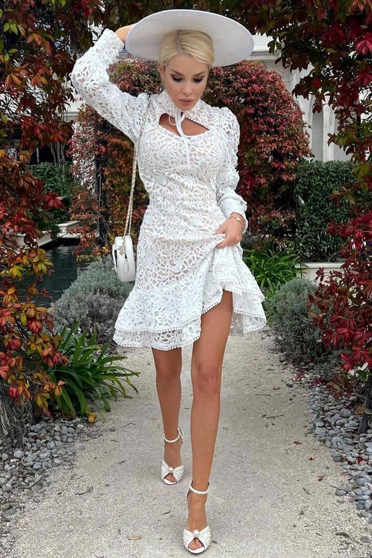 Classy Mandarin Collar Puff Sleeve Crochet Mini Dress - White - View 2