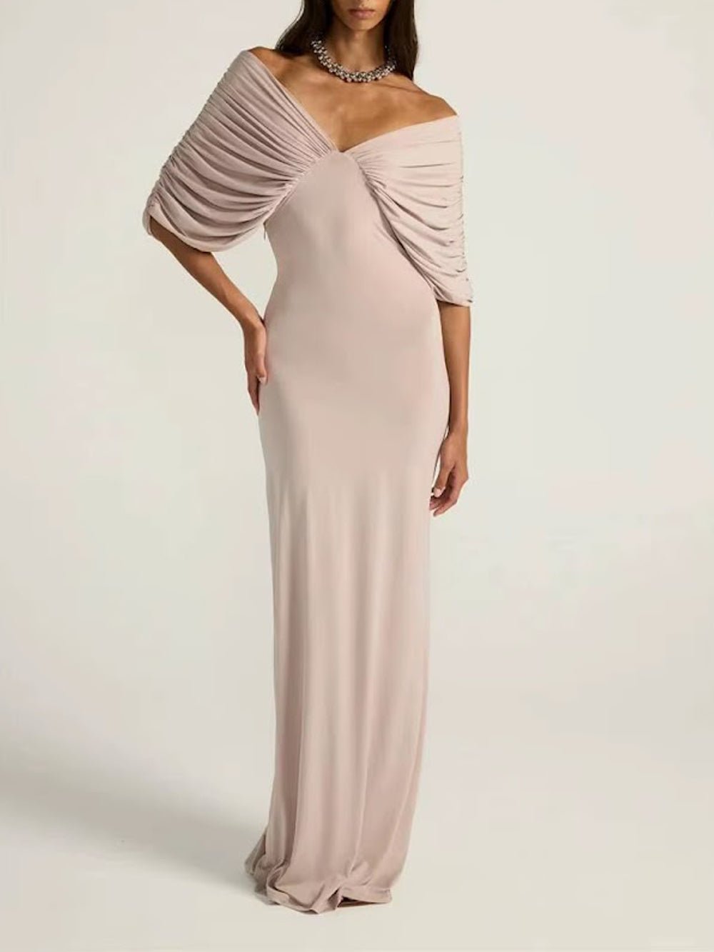 Off Shoulder V-Neck Ruched Draped Maxi Gown