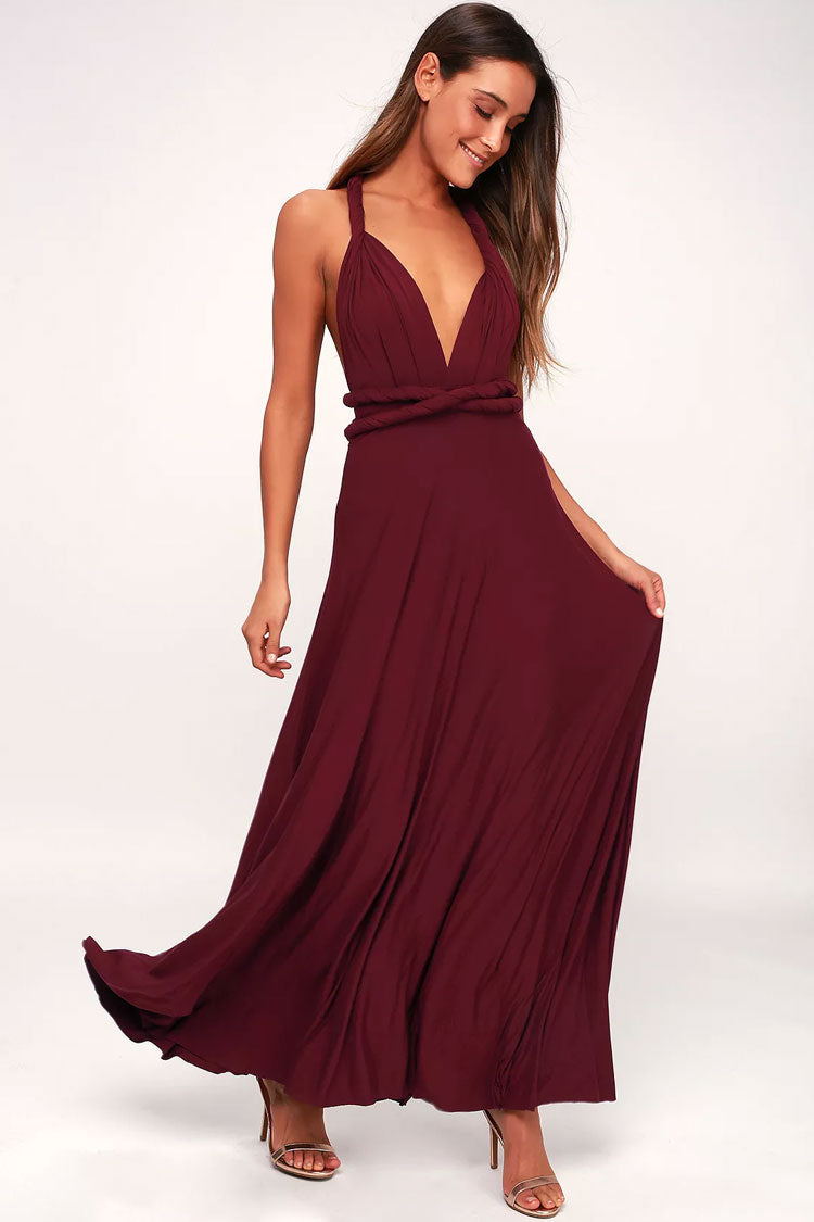 Convertible Infinity Wrap A-Line Maxi Bridesmaid Dress in Burgundy
