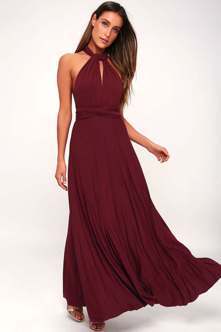Convertible Infinity Wrap A-Line Maxi Bridesmaid Dress in Burgundy - View 2
