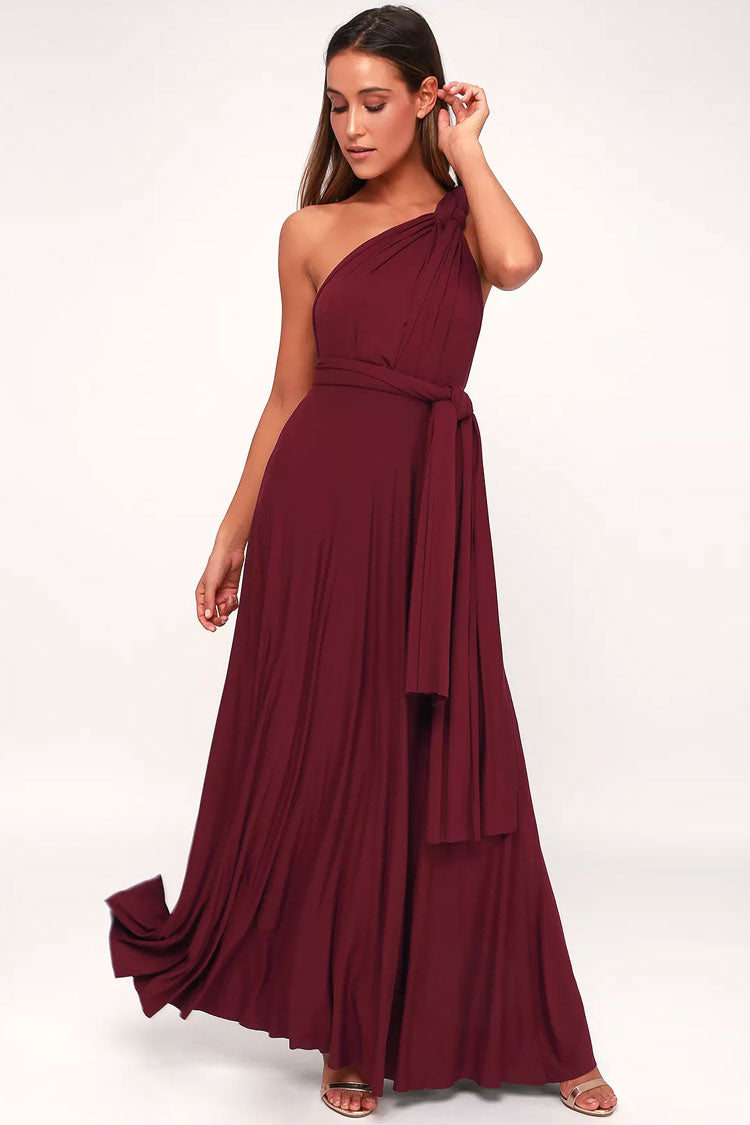 Convertible Infinity Wrap A-Line Maxi Bridesmaid Dress in Burgundy - View 3
