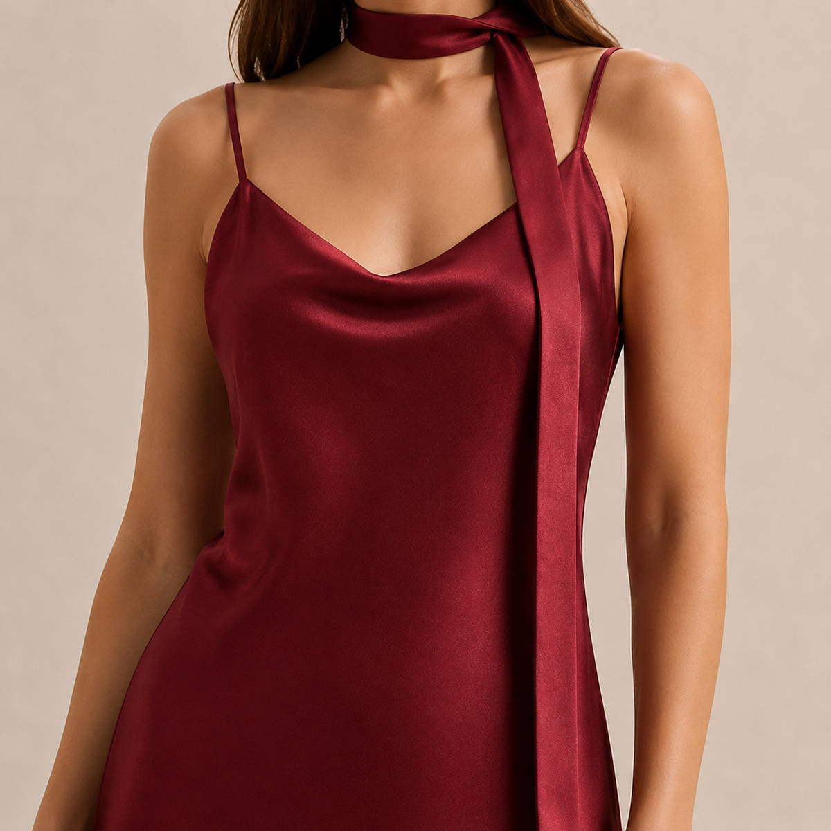 Scarf Neck V-Neck Satin Bias Slip Maxi Dress 14
