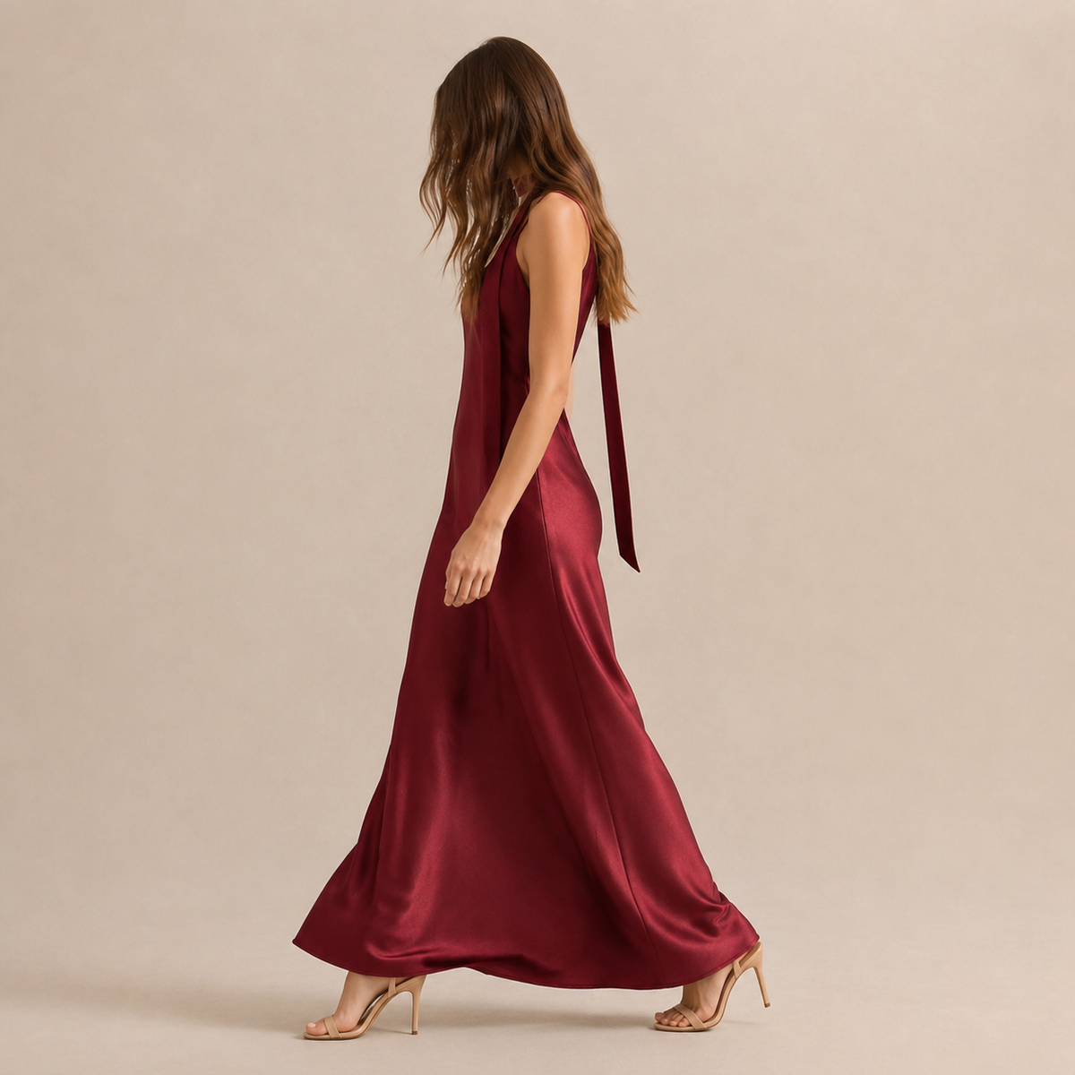Scarf Neck V-Neck Satin Bias Slip Maxi Dress 16