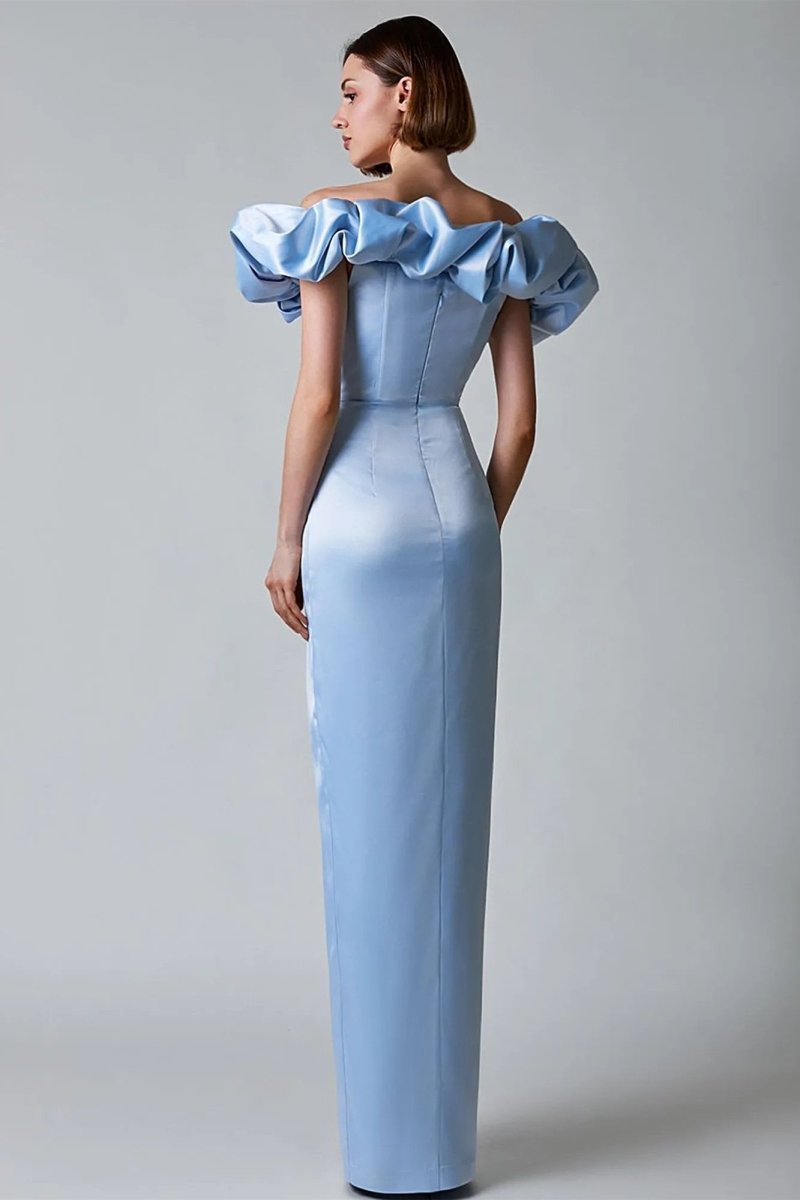 Satin Off Shoulder Ruffle Corset Bustier High Split Wrap Maxi Gown - View 2