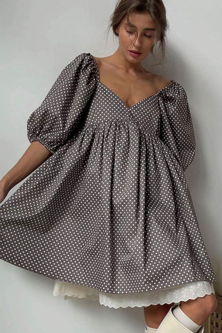 Cute V Neck Puff Sleeve Lace Trim Polka Dot Mini Dress - Brown