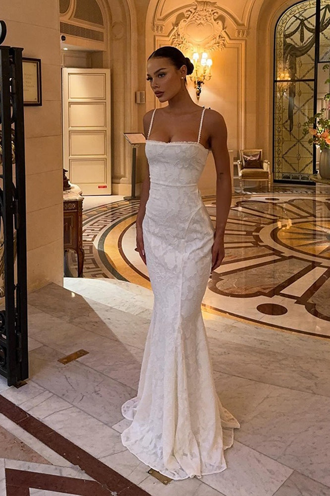 Lace Square Neck Spaghetti Strap Mermaid Gown