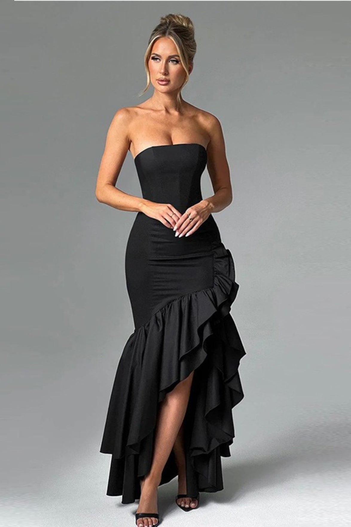 Strapless Contrast Ruffle High Low Bodycon Maxi Dress 6