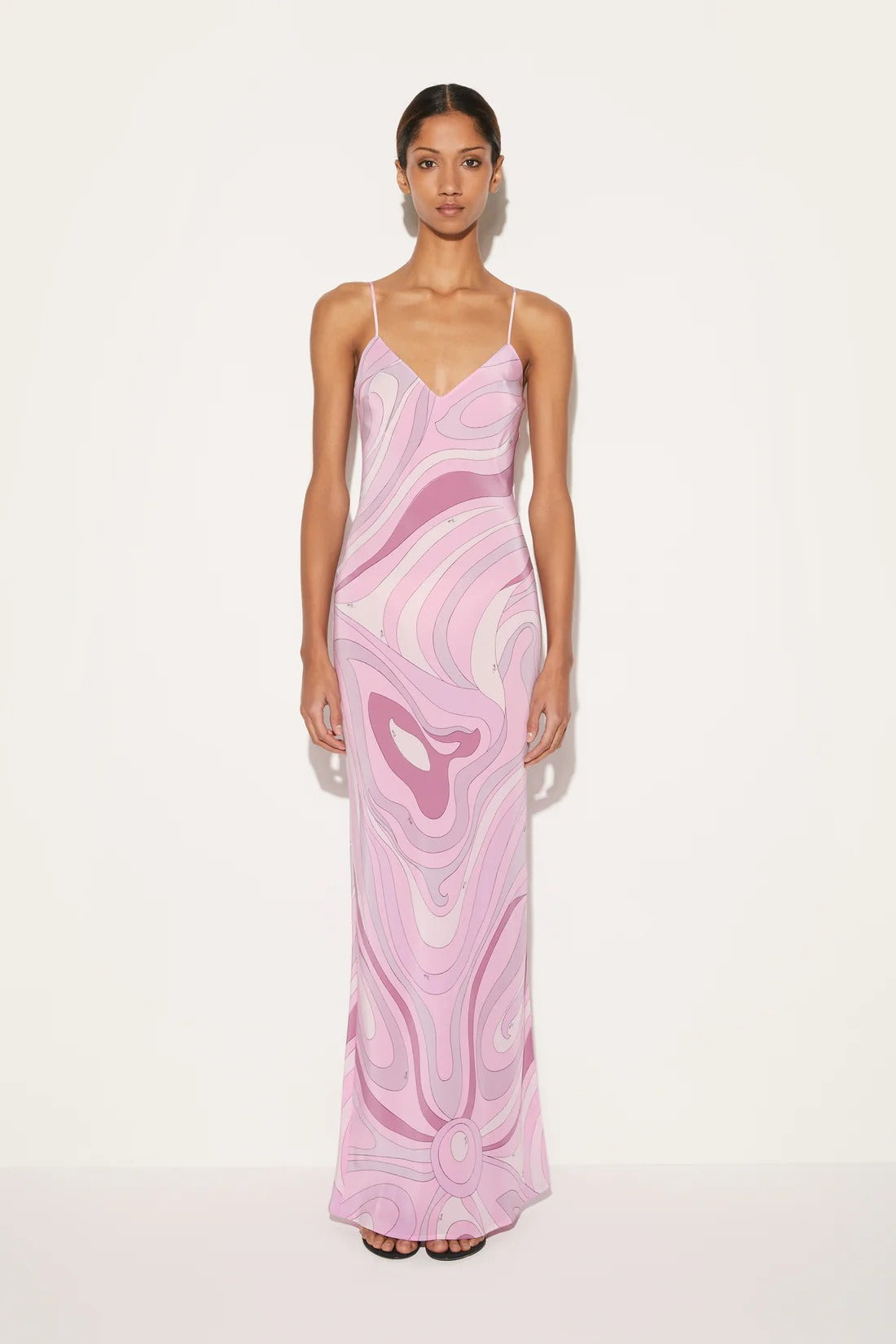Spaghetti Strap Deep V-Neck Abstract Print Satin Slip Maxi Dress - View 2
