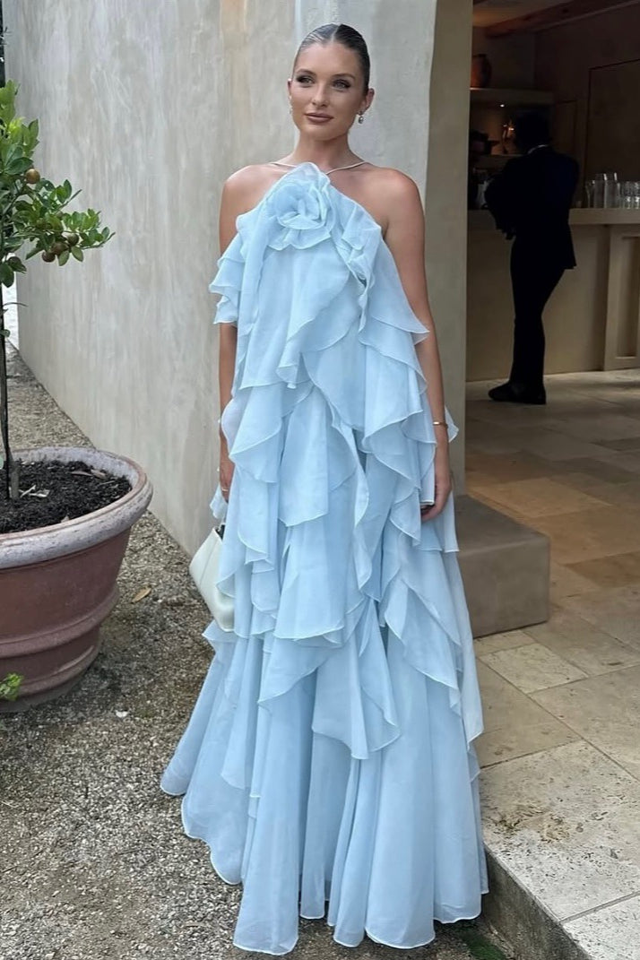 3D Floral Halter Neck Tiered Ruffle Maxi Gown