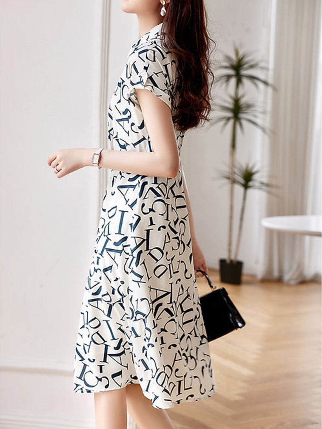 Letter Print Button Down Shirt Collar Cap Sleeve Belted Midi Dress - View 5