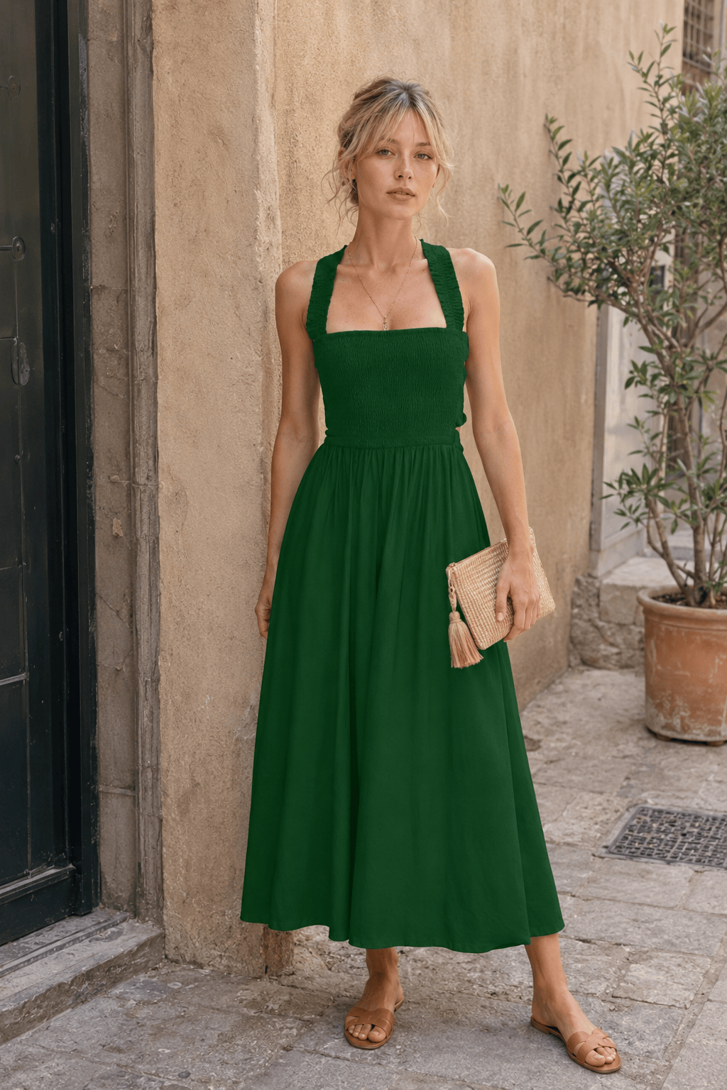 Square Neck Smocked Cross Back Sleeveless A-Line Midi Dress