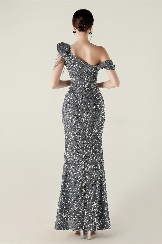 Sequin One Shoulder Ruffle High Split Mermaid Gown 30