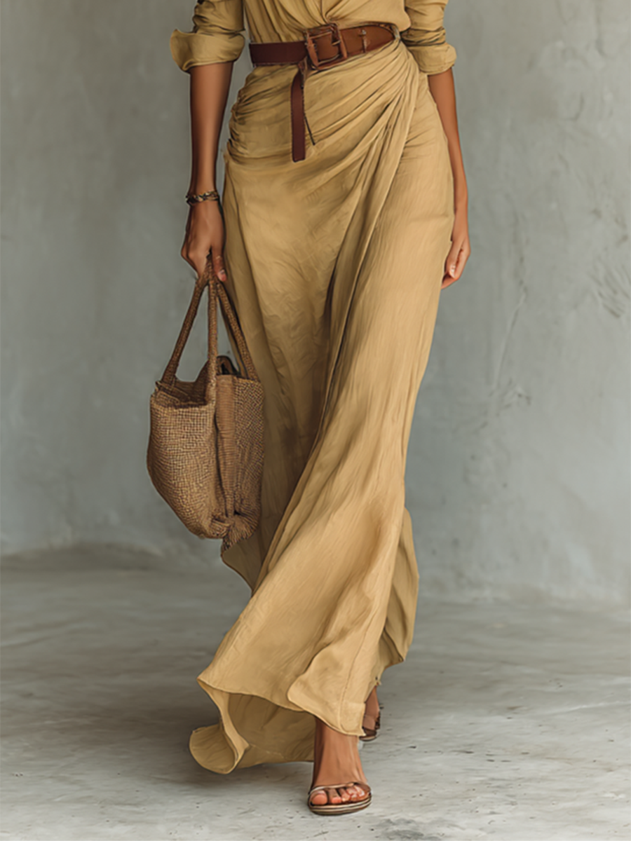 Collared Button Front Long Sleeve Ruched Wrap Maxi Shirt Dress 3