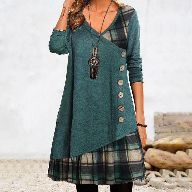Plaid Patchwork Long Sleeve V-Neck Asymmetric Ruffle Hem Tunic Dress - View 2