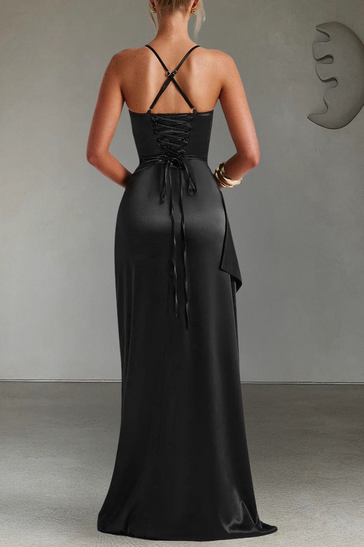 Satin Spaghetti Strap Cowl Neck Ruched High Split Drape Maxi Gown - View 2