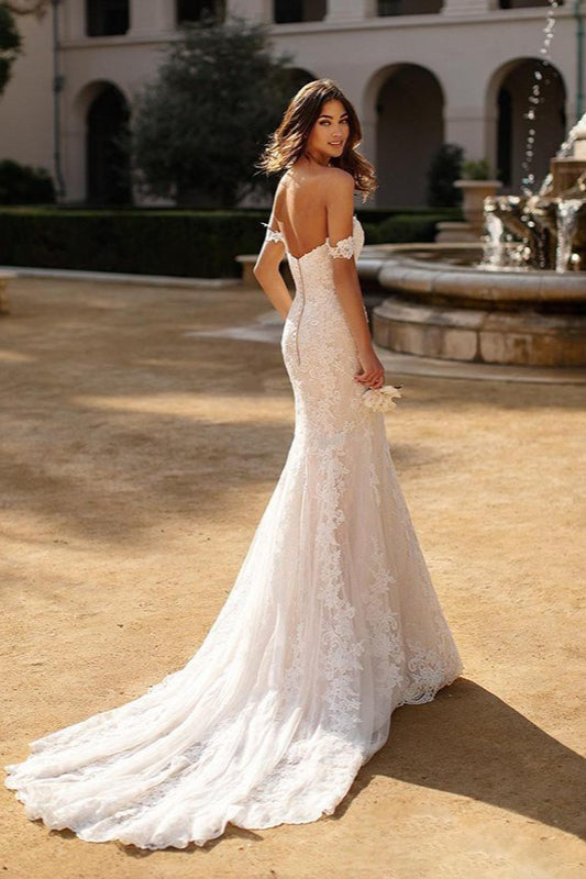 Lace Off Shoulder Sweetheart Mermaid Wedding Gown - View 2