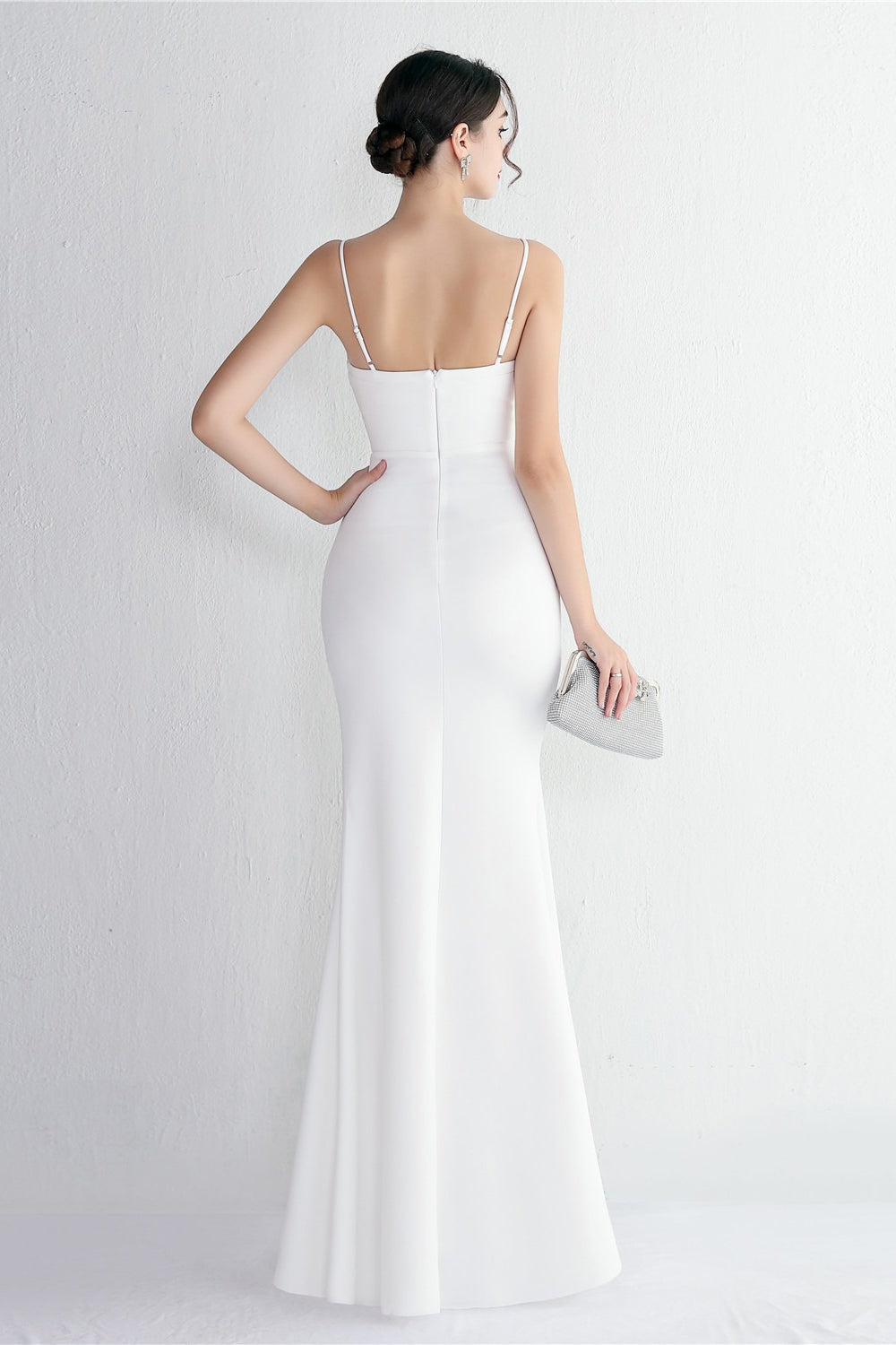 Satin Spaghetti Strap V-Neck Ruched High Split Maxi Gown - View 6