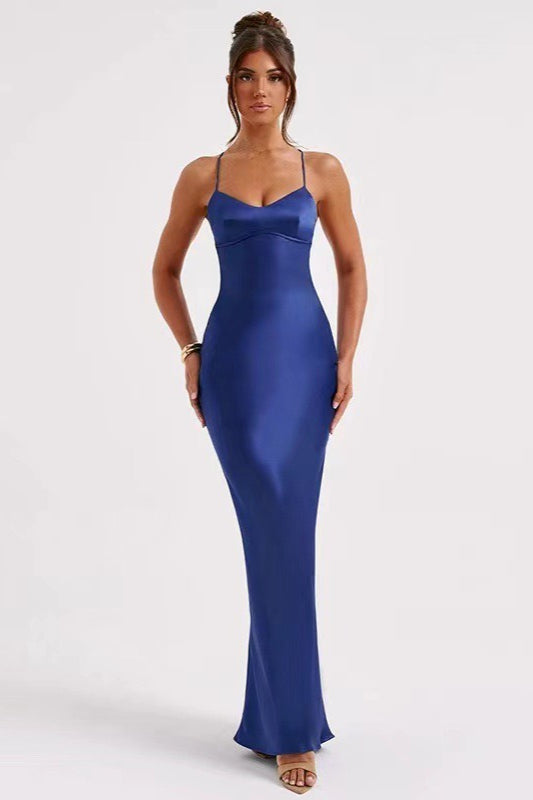 Satin Scoop Neck Spaghetti Strap Lace Up Back Bias Cut Slip Maxi Dress - View 8