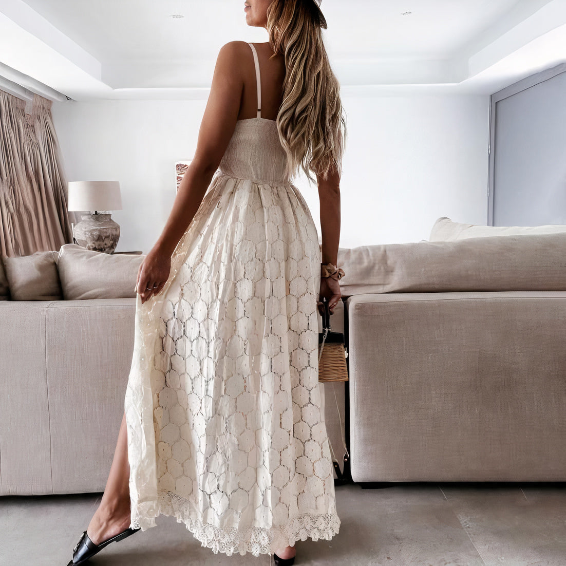 Lace Surplice Spaghetti Strap Romper Sheer Lace Overlay Maxi Dress - View 3