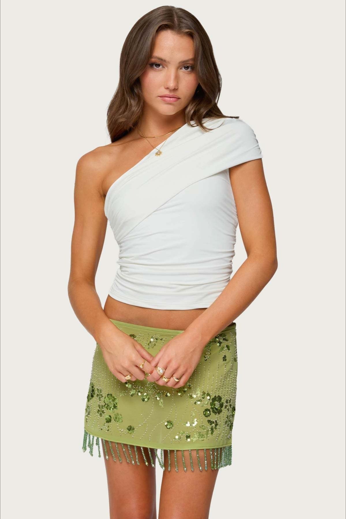 High-Waist Sequin Floral Pleated Denim Mini Skort
