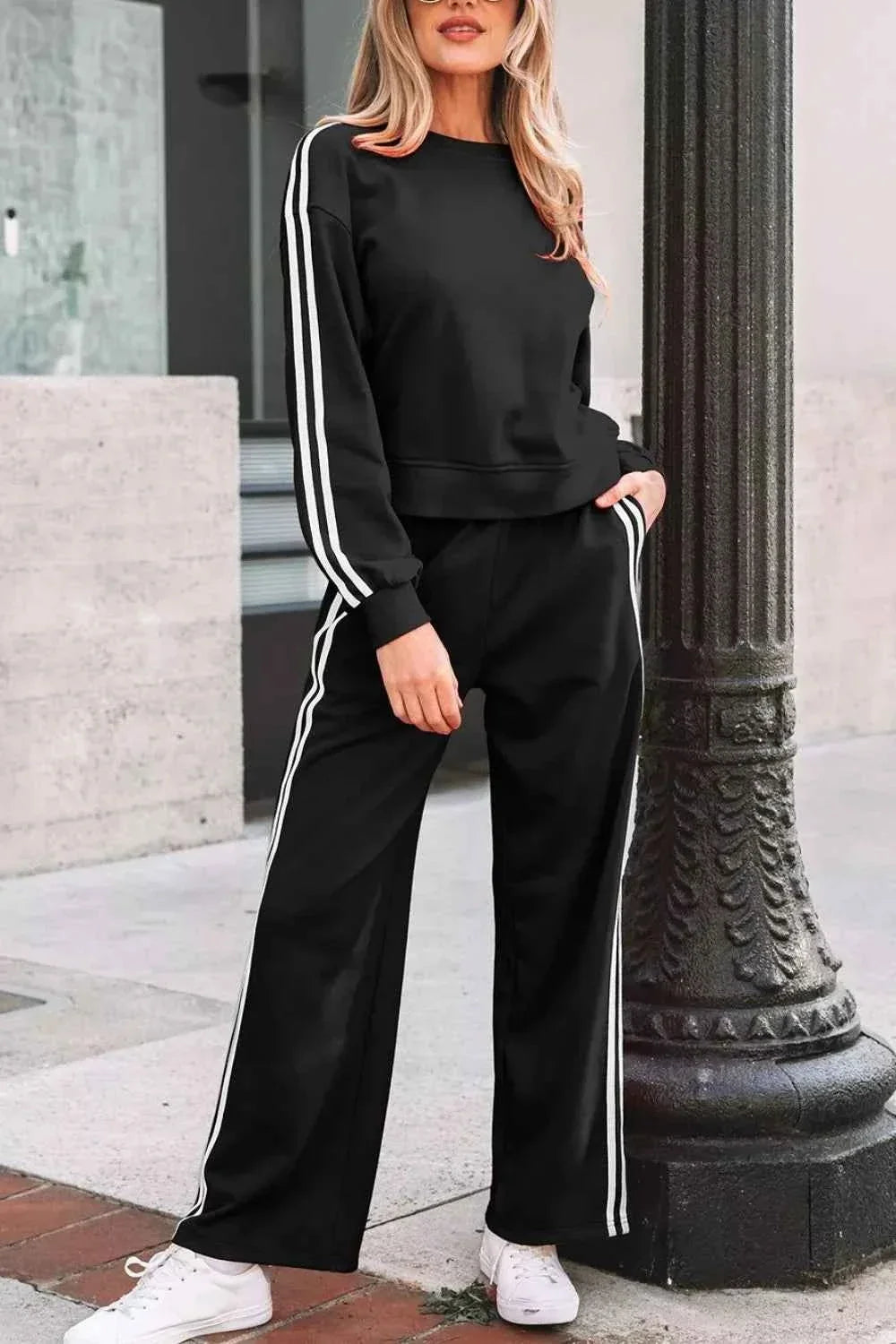 Striped Detail Crewneck Pullover Elastic Sweatpants