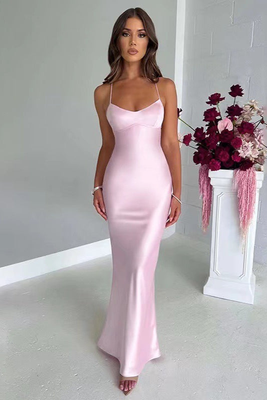 Satin Scoop Neck Spaghetti Strap Lace Up Back Bias Cut Slip Maxi Dress - View 9
