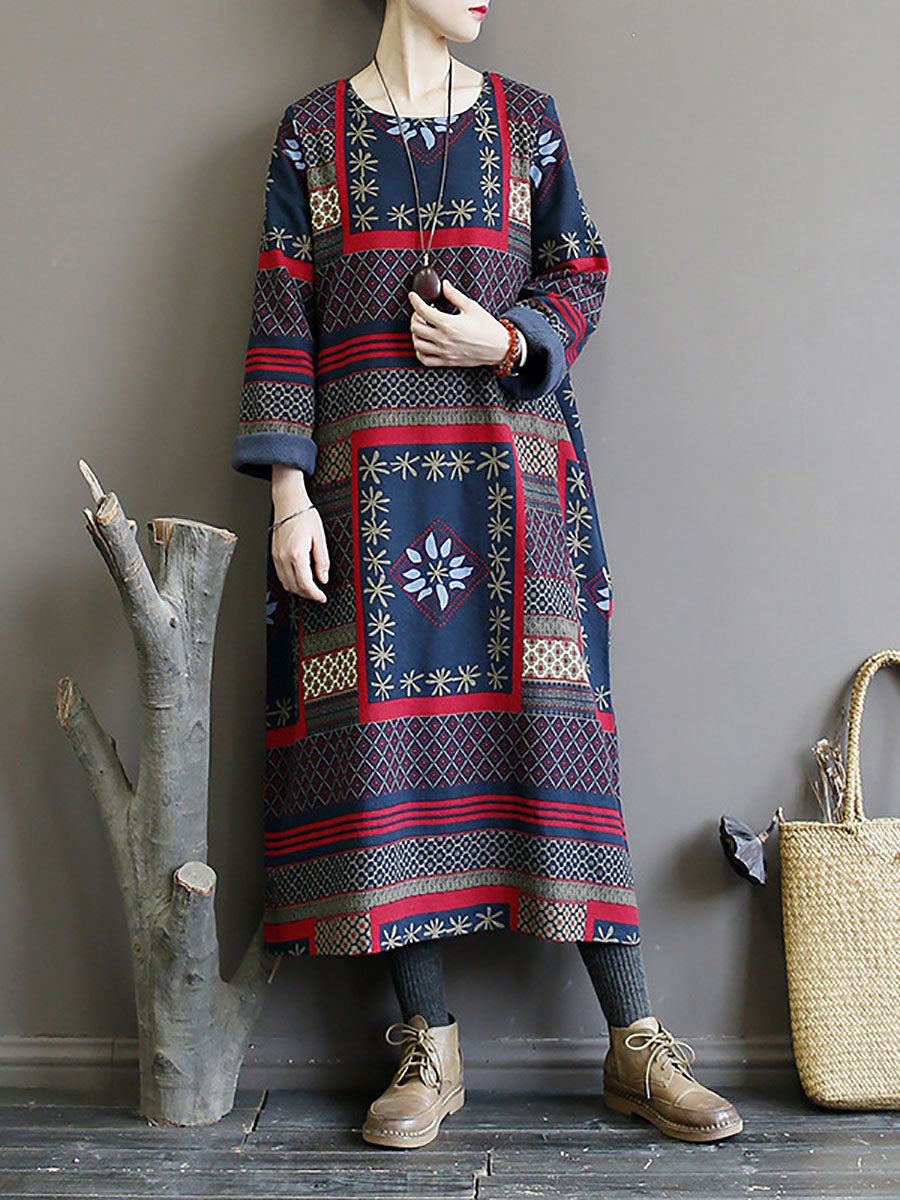 Folk Patchwork Print Long Sleeve Contrast Cuff Crew Neck Maxi Dress - View 4