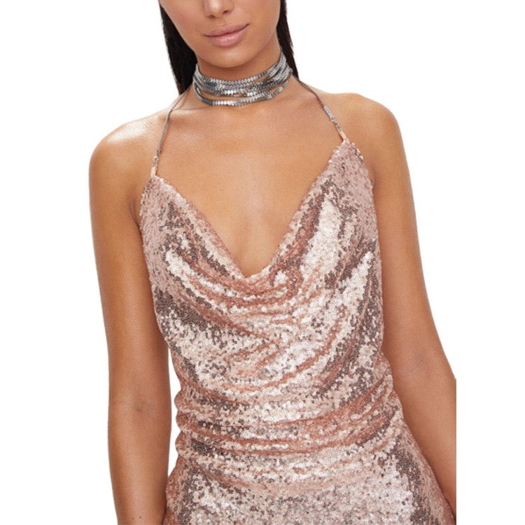 Self Love Metallic Mesh Crystal Straps Mini Dress in Gold - View 3